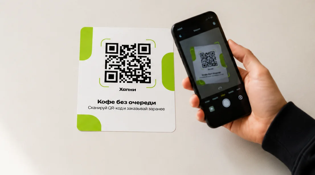 Гость сканирует QR-наклейку Хапни телефоном