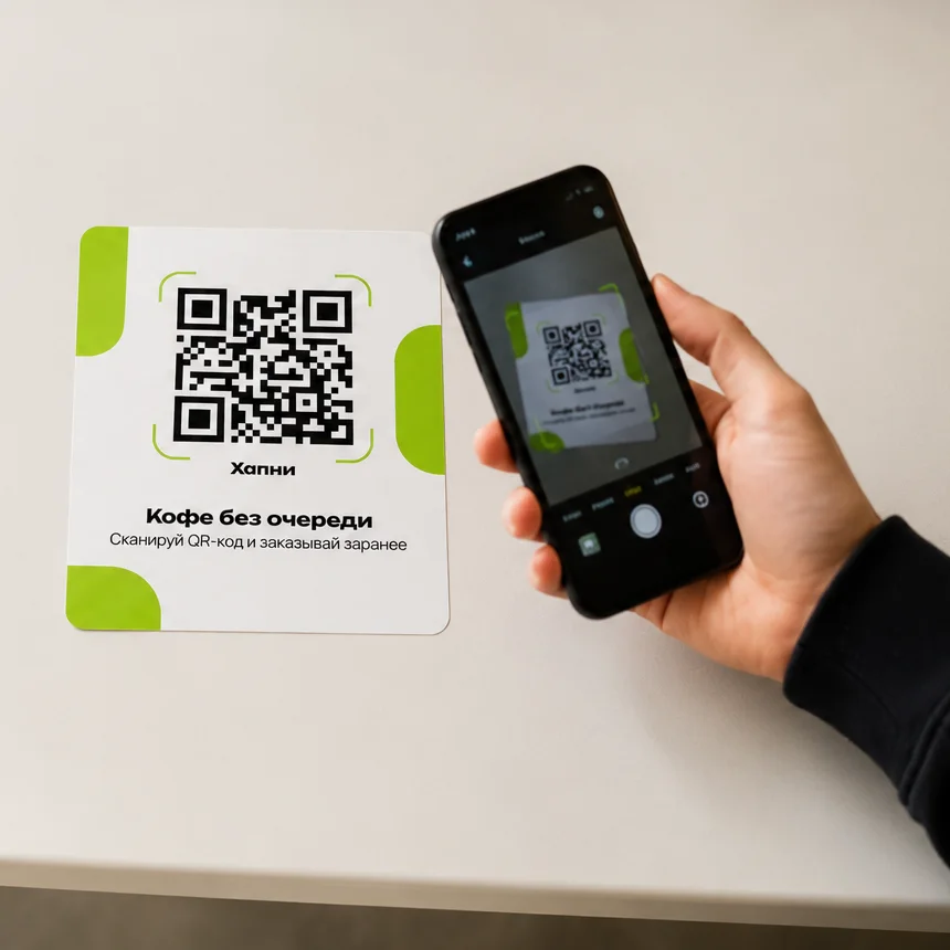 QR-наклейка Хапни на столе кафе: сканируй и заказывай